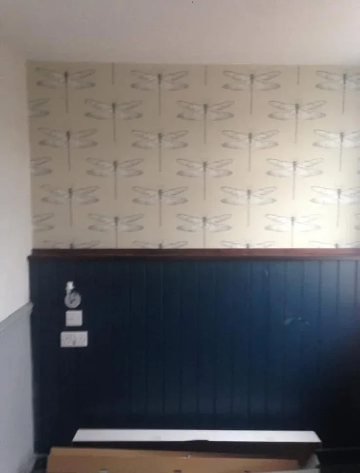 Pale dragonfly wallpaper above navy painted panelling